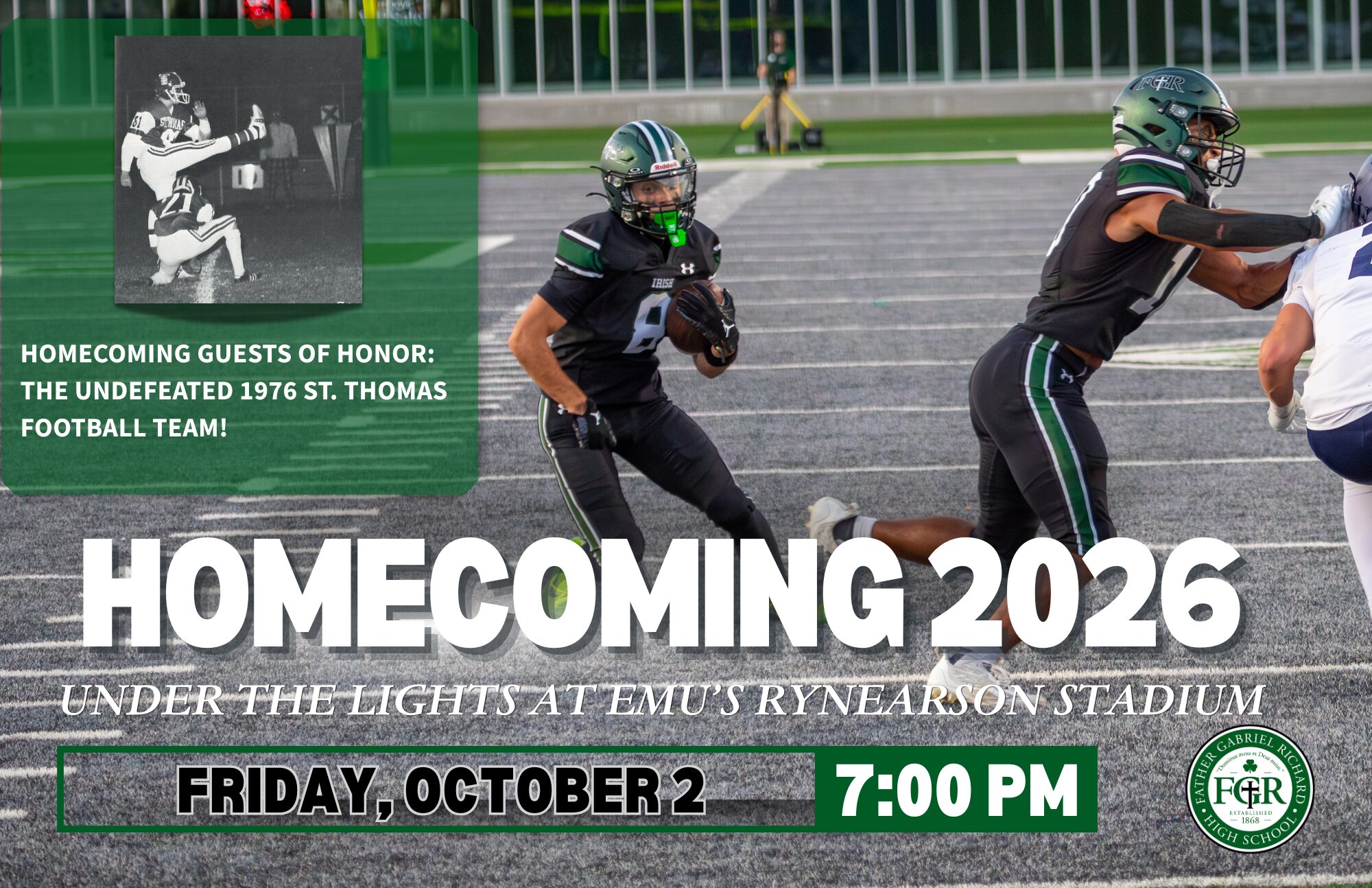 football players during a game on a postcard announcing Homecoming 2026 on October 2
